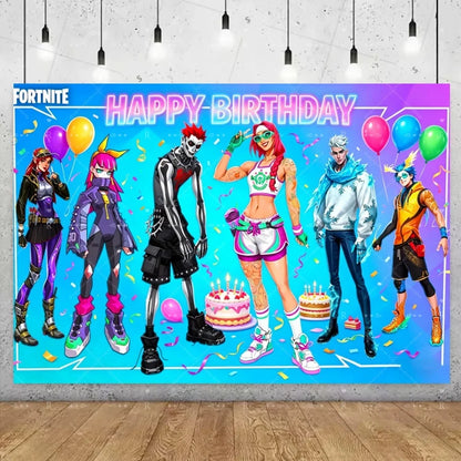 Fundo decorativo de aniversário com tema Fortnite — banner gamer Fortnite para meninos e meninas, pano de fundo para fotografia e presente para crianças