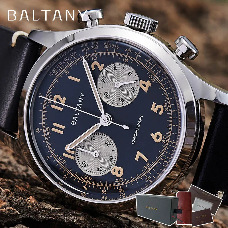 Baltany S5034 39mm Chronograph Watch Man Sapphire Crystal Panda Dial StainlessSteel Super Luminous Vintage Quartz Wristwatches