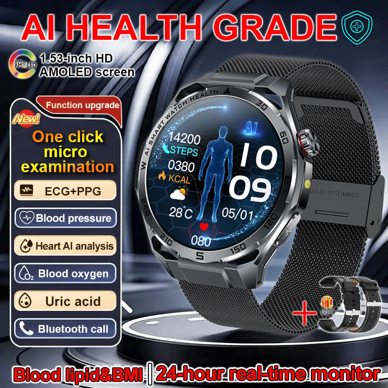 Smart Watch Men High-end Health Blood Pressure Blood Oxygen Lipids Uric Acid Sapphire Smart Watches Ai GPT Custom Dial ECG 2026