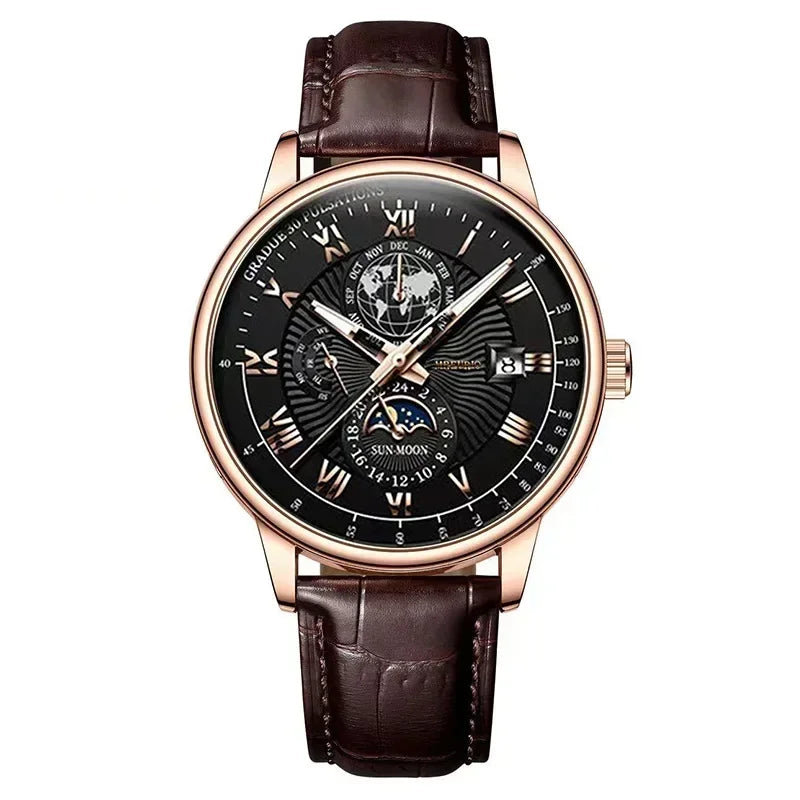 Men’s Luxury Sport Quartz Watch -  Waterproof Luminous Dial, Leather Strap & Date Display