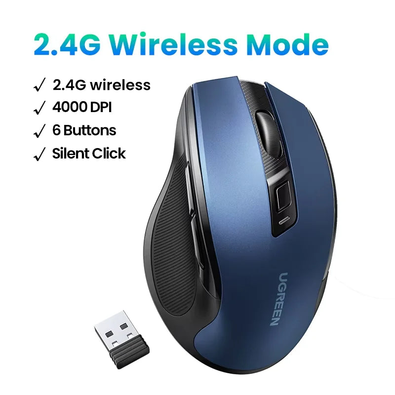 UGREEN Wireless Mouse Bluetooth 5.0 Mouse Ergonomic 4000DPI 6 Mute Buttons Mouse For MacBook Tablet Laptops Computer PC 2.4G Mice