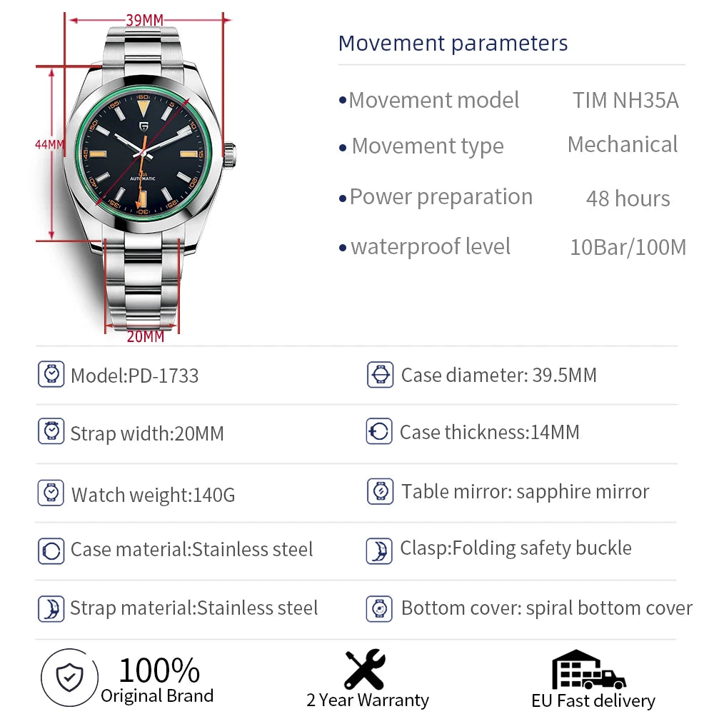 PAGANI DESIGN 2026 New Green Glass Men's Mechanical Watches Automatic Watch Men AR Sapphire crystal Stainless steel Wristwatch