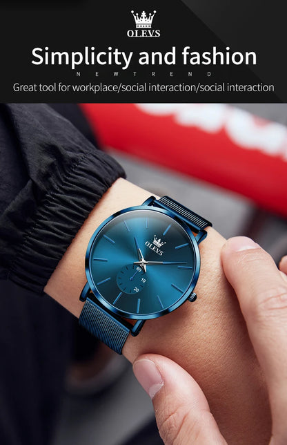OLEVS 9954 Fashion Men's Watches Minimalism Ultrathin Original Quartz Wristwatch Waterproof Watch for Man Luminous Casual Mesh