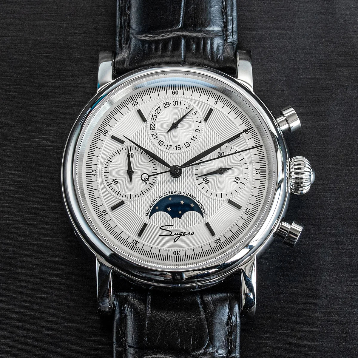Sugess Men Watch ST1908 Swanneck Movement Mechanical Chronograph Wristwatch Genuine Moonphase Calendar Vintage Leather NEW 2023