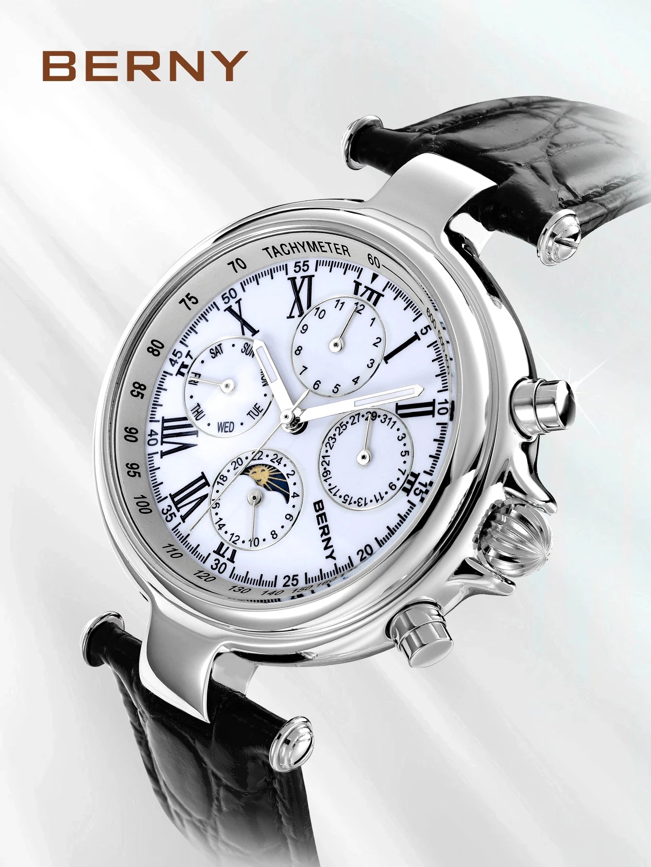 BERNY Classic Dress Automatic Watch for Men Luxury Stainless Steel Mechanical Wristwatch Leather Strap Waterproof Sliver Watches