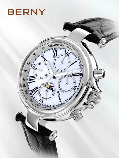 BERNY Classic Dress Automatic Watch for Men Luxury Stainless Steel Mechanical Wristwatch Leather Strap Waterproof Sliver Watches