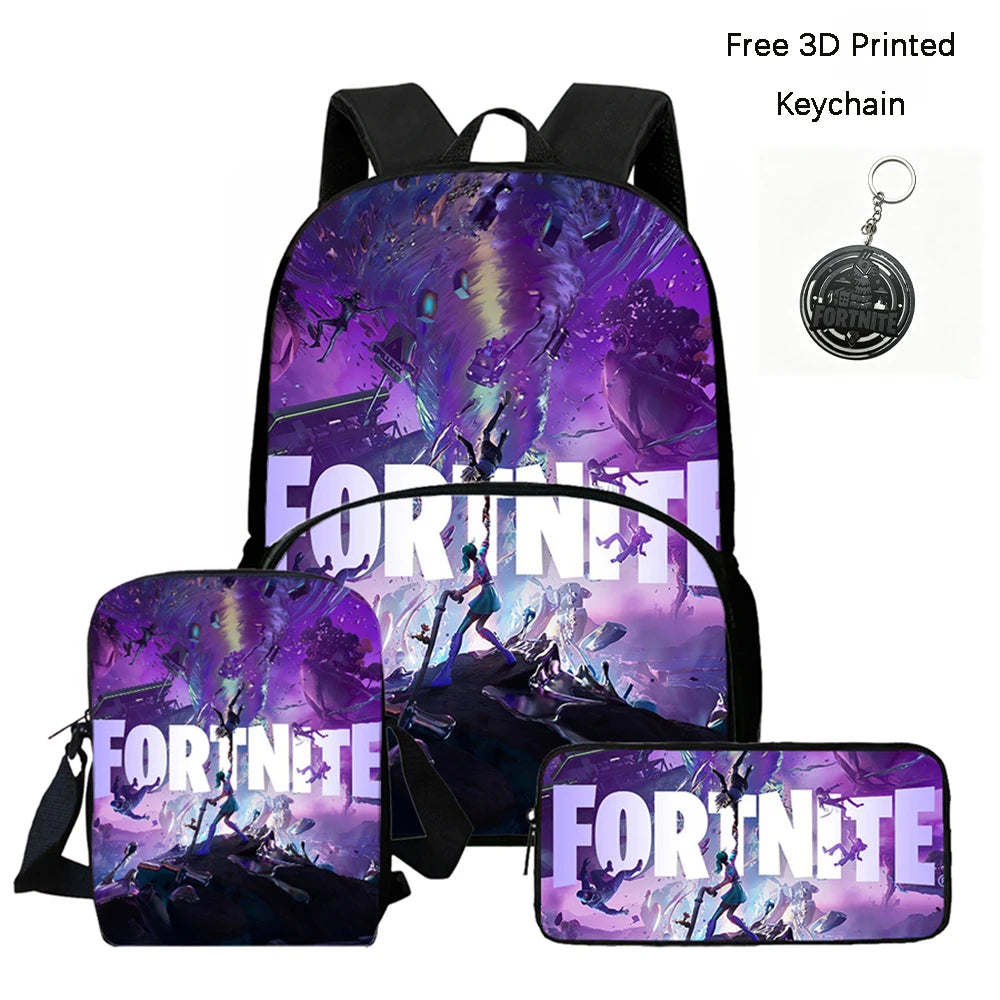 FORTNITE 3-Piece School Backpack Set with Front Pocket Bag, Crossbody Bag, and Pencil Case for Ages 5-10 Boys and Girls, Lightweight, Includes Free 3D Printed Keychain