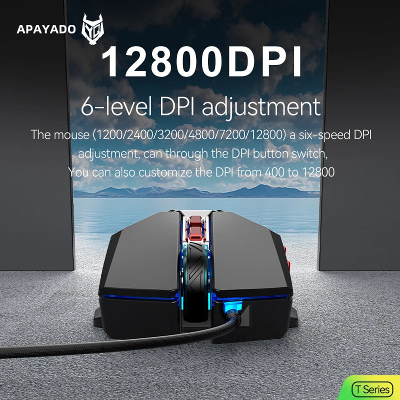 1K Hz Gaming Mouse Wired APAYADO T4 RGB Mouse with Ultra-light Cord 60IPS, 12800DPI for Laptop/Computer