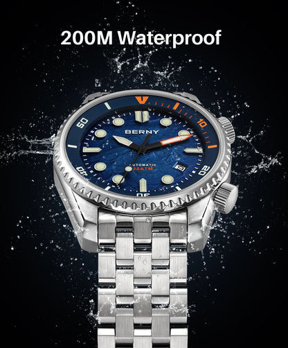 BERNY Automatic Diver Watch for Men Top Luxury Sapphire 316L Steel Blue Dial 200M Waterproof Mechanical Diving Men's Watches