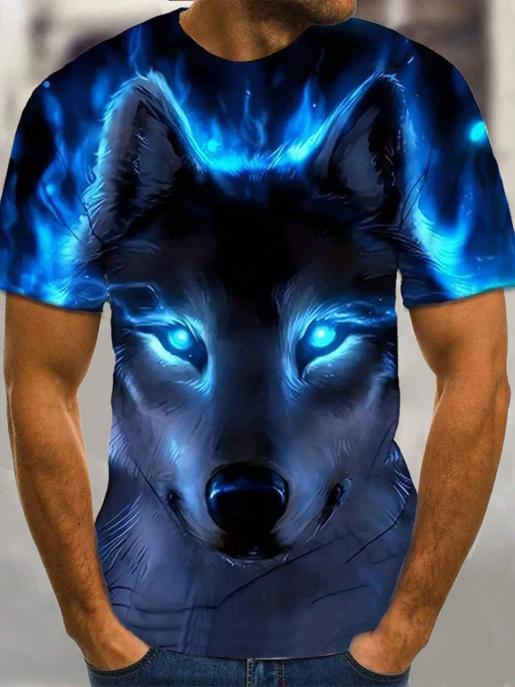 T-shirt de homem com estampado de lobo e olhos diferentes — T-shirt casual diária masculina, moda urbana streetwear, manga curta, verão, desporto ao ar livre