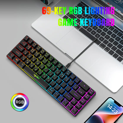 Teclado gaming coreano portátil HXSJ V200 de 68 teclas, teclado de membrana cableado para oficina con retroiluminación RGB al 65% para PC de escritorio y portátiles