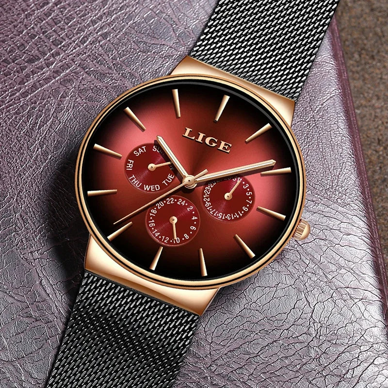 Montre pour femme LIGE, élégante et tendance – Style sport-décontracté, bracelet en maille, mouvement à quartz, affichage de la date et du jour, étanche.