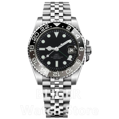 BLIGER 40mm 515 24H GMT Men's Watch Stainless Steel Clasp Luminous Quartz Movement Ceramic Bezel Sapphire Glass 10Bar Waterproof
