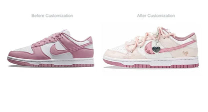 Zapatillas personalizadas Nike Dunk «Honeyed Rose»: nuevas zapatillas de skate de caña baja para mujer, pintadas a mano al estilo chino con motivos de corazones
