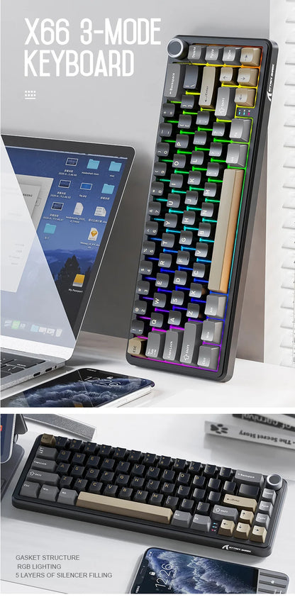 Attack Shark X66 Tastiera meccanica wireless 65% layout compatto, retroilluminazione RGB, gasket mount, hot swap, Bluetooth, USB-C, PBT, batteria ad alta capacità