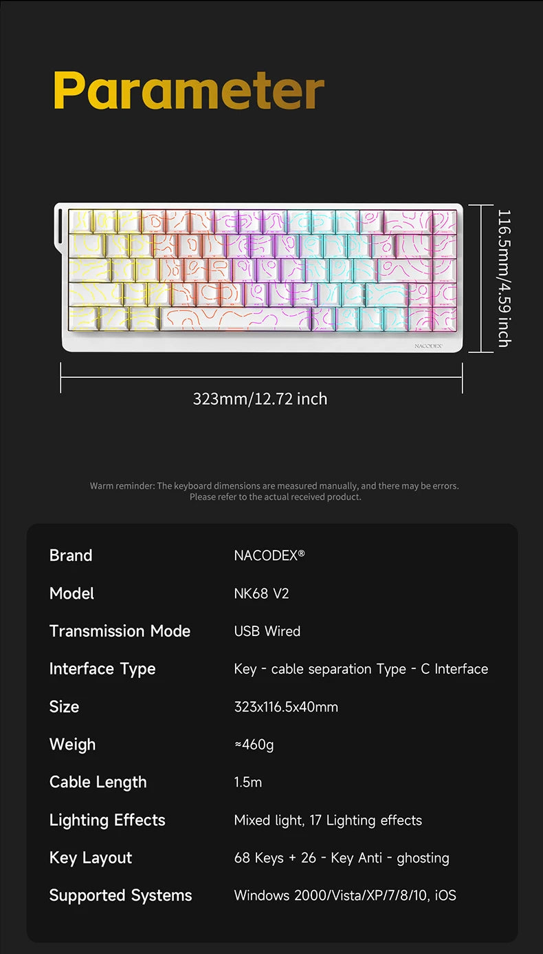 AJAZZ NK68 V2 Wired Mechanical Keyboard Plug and Play 65% Layout Design Sleeve Hot 68-Key Keyboard Colorful Backlight for PC