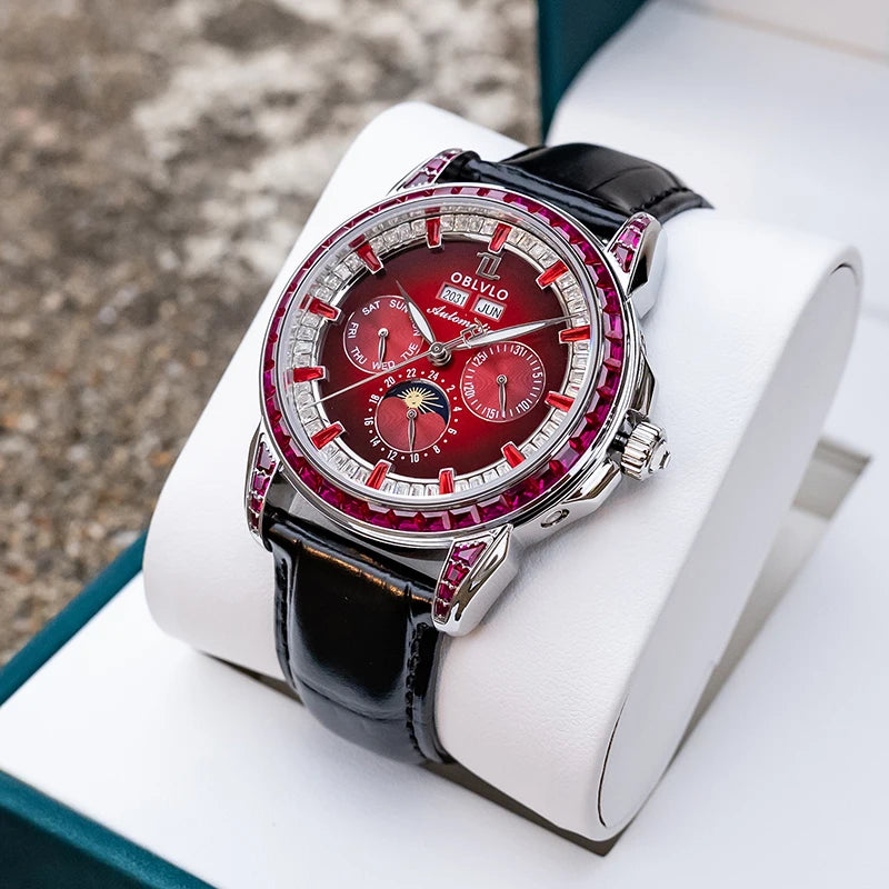 OBLVLO Men Automatic Watch 40mm Mechanical Wristwatch 5ATM Luminous Crystal Bezel Year,Month,Week,Date,24 Hours TY1655 Mov.