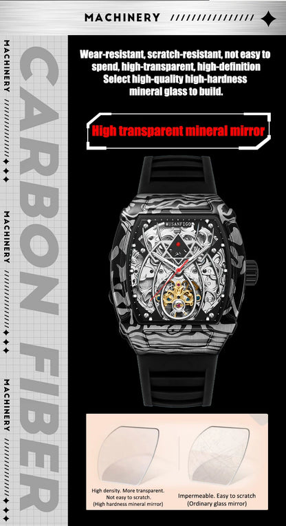 MUSANFIGO automatic hollow mechanical watch, barrel shaped fashionable men's trendy watch, luminous waterproof watch
