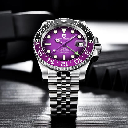 Montre mécanique pour homme PAGANI DESIGN (40 mm) – Cadran violet, fonction GMT, bracelet type Jubilee, verre saphir, étanche, mouvement automatique