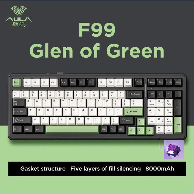 Teclado mecánico gaming Aula F99 de 99 teclas, tres modos: 2.4g inalámbrico, Bluetooth y cableado, hot swap, PBT, gasket y RGB para juegos y escritura