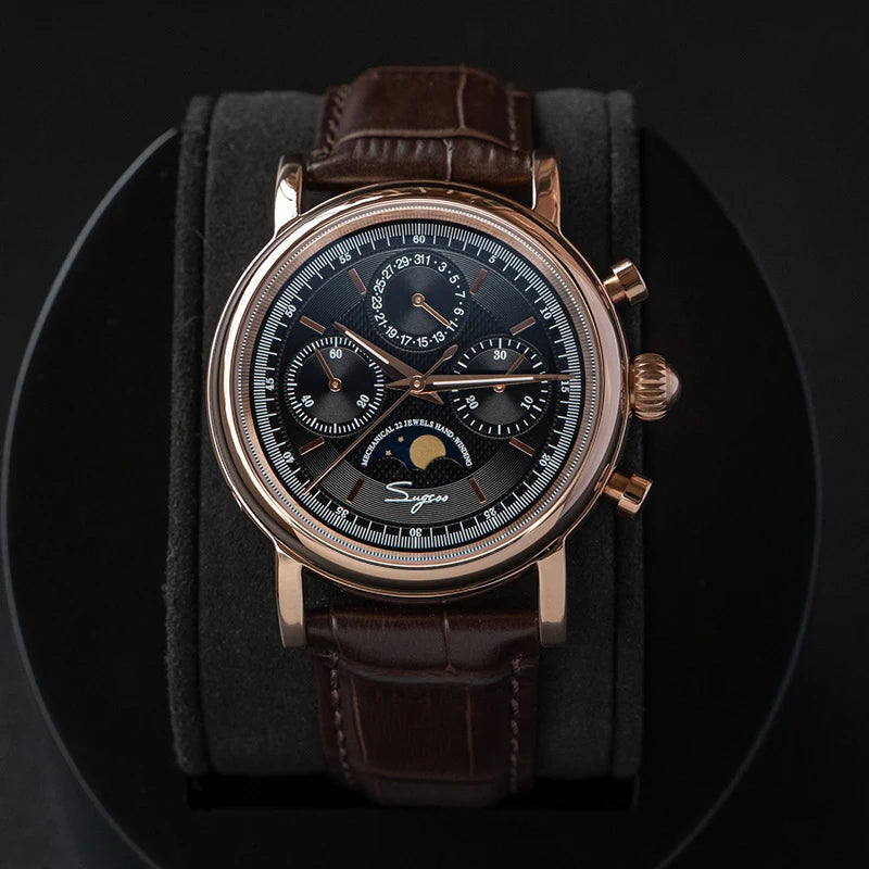 Sugess Men Watch ST1908 Swanneck Movement Mechanical Chronograph Wristwatch Genuine Moonphase Calendar Vintage Leather NEW 2023