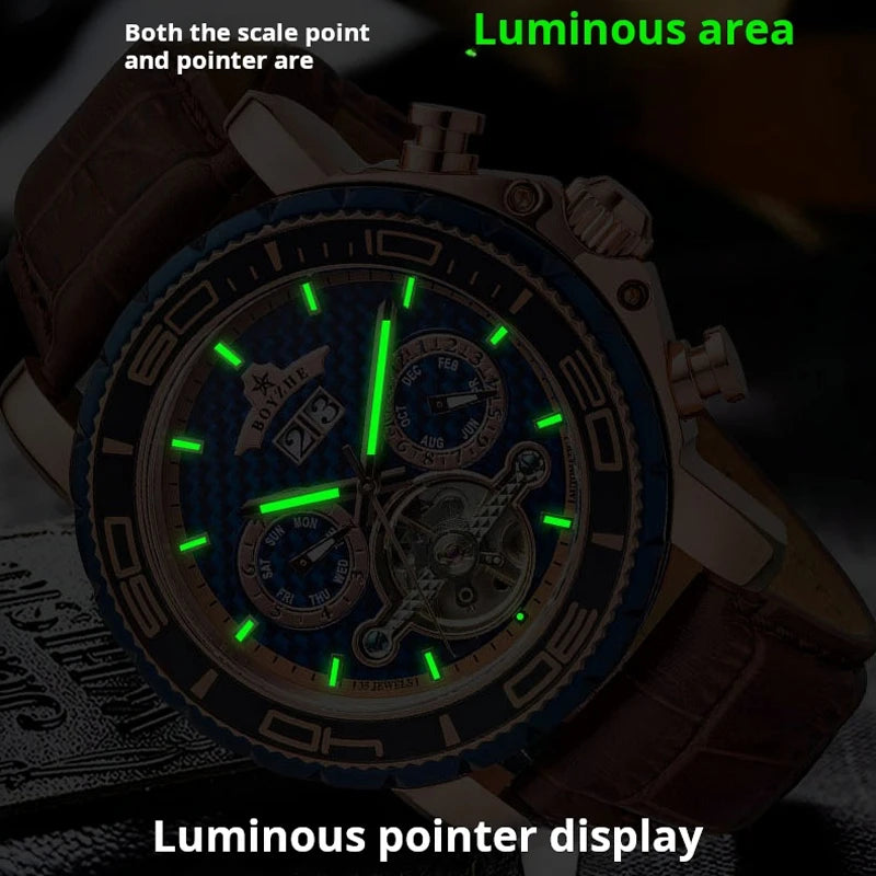 BOYZHE Brand Luxury Tourbillon Mechanical Watch Men Sports Leather Strap Waterproof Classic Date Week Automatic Sapphire Watches