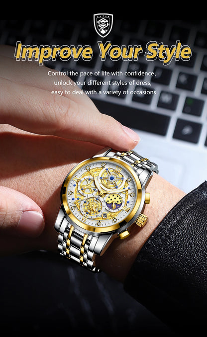 POEDAGAR Top Fashion Men's Watches Stainless Steel Date Chronograph Business Quartz Men Wristwatch Waterproof Luminous Man Watch