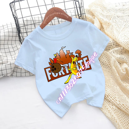 T-shirts de Criança Fortnite com Estampado de Figuras Cartoon do Jogo Fortress Night, Tops de Manga Curta para Verão, Roupa para Rapazes e Raparigas