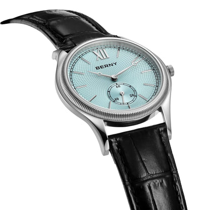 BERNY Watches for Men Luxury Slim Classic Stylish Dress Quartz Watch Stainless Steel Case Elegance Leather Band Wristwatch