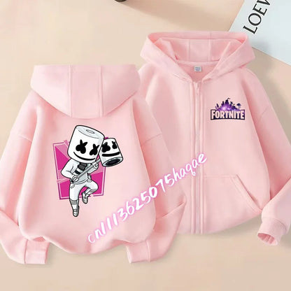 Nuova felpa con cappuccio autunnale per bambini Fortnite, giacca con zip e stampa personaggio cartoon del gioco, cappotto invernale per ragazzi