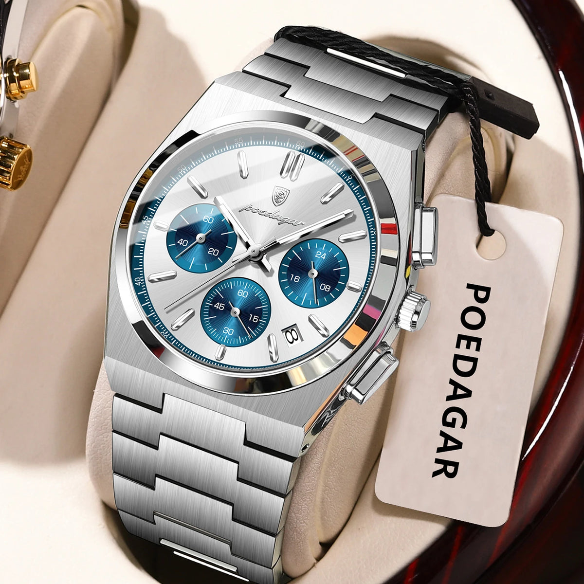 Pánské hodinky POEDAGAR – luxusní chronograf z nerezové oceli, s datem, vodotěsné a s luminiscenčními prvky – sportovní náramkové hodinky s quartzovým strojkem