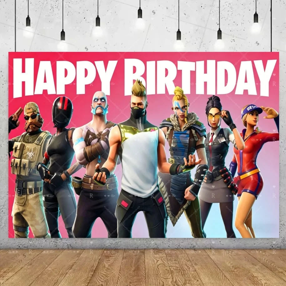 Fundo decorativo de aniversário com tema Fortnite — banner gamer Fortnite para meninos e meninas, pano de fundo para fotografia e presente para crianças