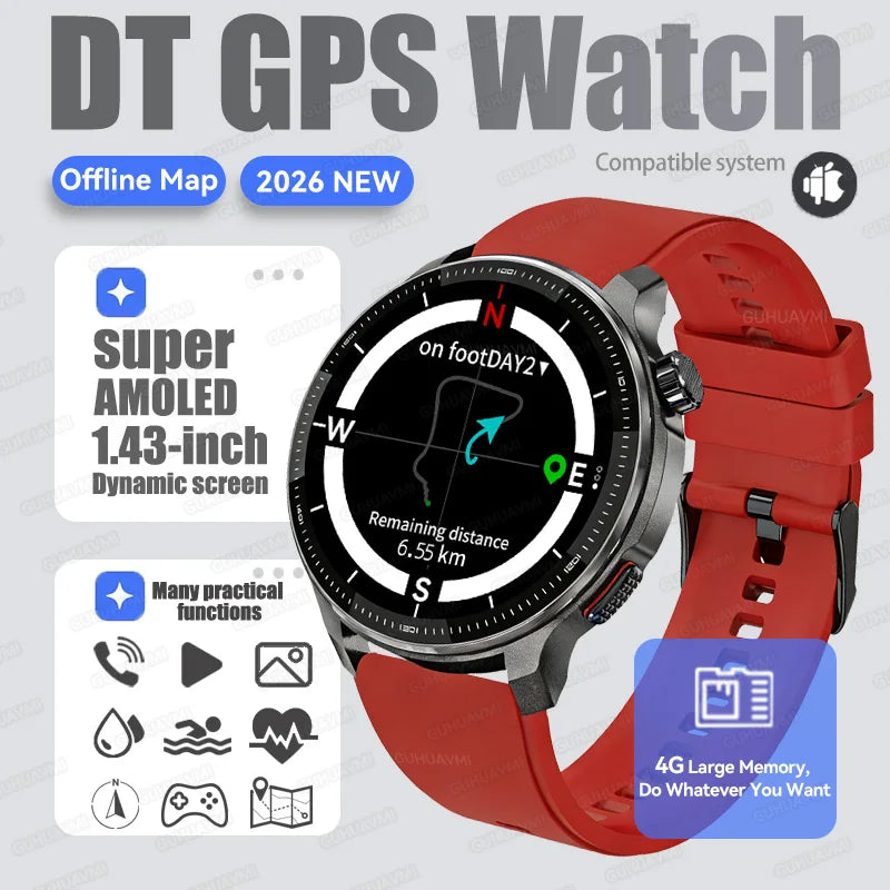 New GPS Offline Maps Smart Watch Men Memory 3D Menu Styles TWS MP3&MP4 Player 1.43"AMOLED Compass Sport Swim Waterproof Bracelet