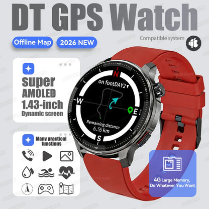New GPS Offline Maps Smart Watch Men Memory 3D Menu Styles TWS MP3&MP4 Player 1.43"AMOLED Compass Sport Swim Waterproof Bracelet