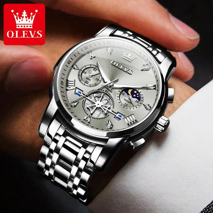 OLEVS Men's Watches Classic Multifunctional Flywheel Chronograph Original Quartz Wristwatch Moon Phase 24 Hour Waterproof Watch