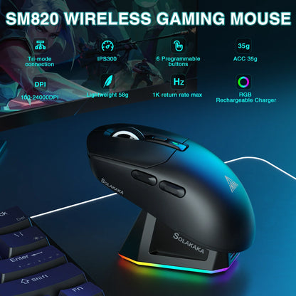 Mouse wireless tri-mode SOLAKAKA SM820 con dock di ricarica magnetico, RGB, PAW3311, 24000DPI, macro gaming, ultraleggero