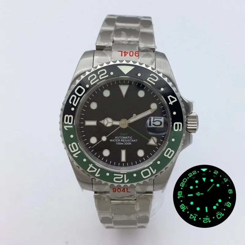 BLIGER 40mm NH34 GMT Watch For Men Mechanical Wristwatch Luminous Bezel Sapphire Glass Stainless Steel Bracelet Men's Watch