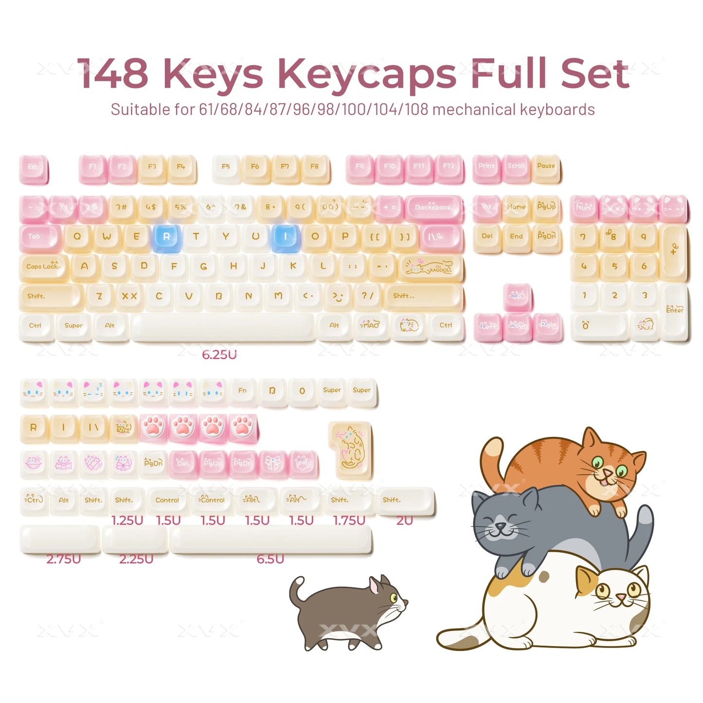 XVX 148 teclas teclas con temática de gatos perfil MAO, teclas coreanas brillantes y adorables para teclado 61 64 68 78 87 96 98 104 108