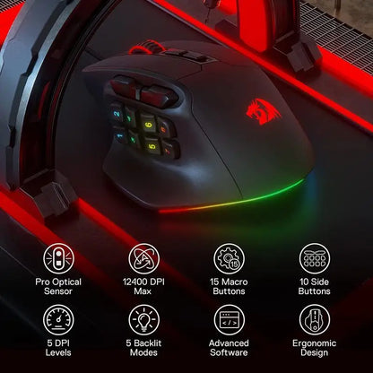 Redragon M811 Aatrox MMO Gaming Mouse, 15 Programmable Buttons Wired RGB Gamer Mouse with Ergonomic Natural Grip Build
