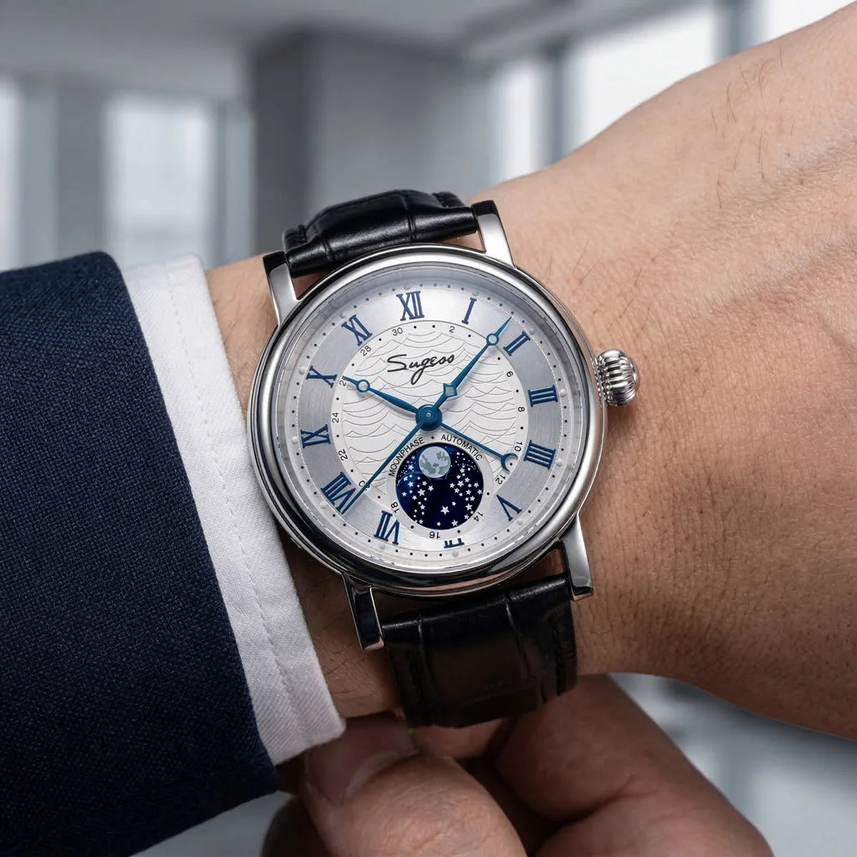 Sugess Moonphase Automatic Mechanical Men's Watch Wristwatches Original Movement ST2108 Waterproof Clock Sapphire Special Date