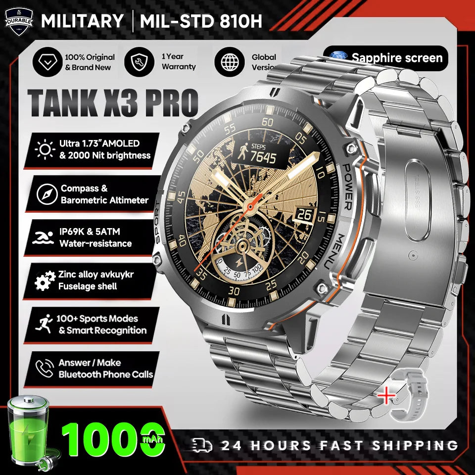 2026 Novo Smartwatch Militar TANK X3 para Homem, Bateria 1000mAh, 10ATM À Prova de Água para Natação, Percurso GPS, Ecrã AMOLED HD de 1.75", Chamadas e Desporto