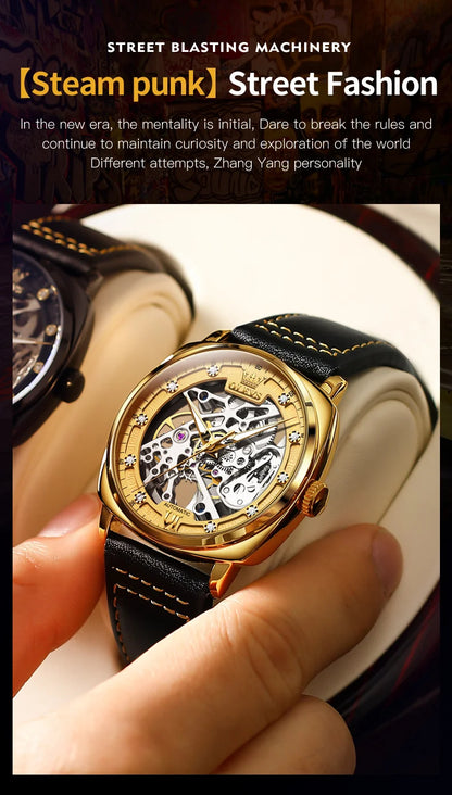 OLEVS 6651 Men's Watch Classic Automatic Mechanical Watch For Men Hollow Skeleton Clock Luxury Leather Waterproof Wrist Watches