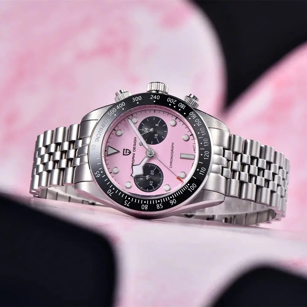 PAGANI DESIGN Men Watches 2026 New Pink BB Panda Dial Chronograph Fashion Luxury Quartz Watch For Men VK64 Movt Waterproof Watch
