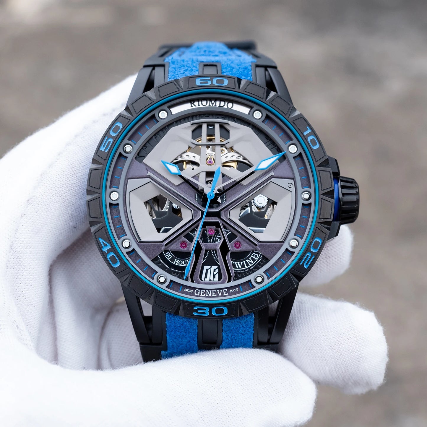 OBLVLO Mens Luxury Machinery Skeleton Mechanical Automatic Watches Analog Big Dial Blue Rubber Band Military Watch RD-909