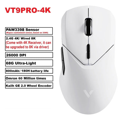 Mouse da gaming wireless Rapoo VT9PRO PAW3398 68g cablato programmabile ergonomico 26000DPI Type C ricaricabile accessorio per PC gamer