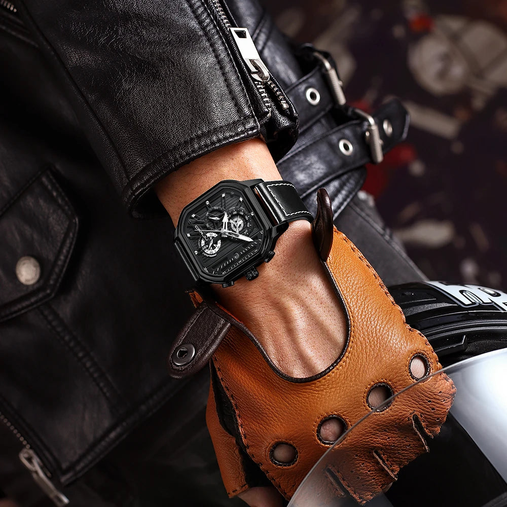 CRRJU Fashion Square Dial Leather Mens Watches Luxury Sport Waterproof Watch Man Chronograph Quartz WristWatches Homme+Box