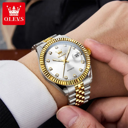 OLEVS New Automatic Watches Man Original Luxury Diamond Dial Stainless Steel Waterproof Auto Date Mechanical Watch for Men 6743