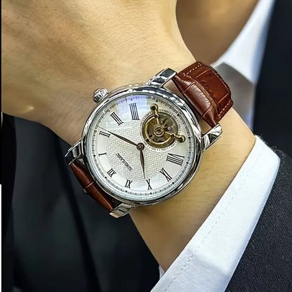 Mekanisk automatisk herreur – Elegant skeletdesign, trendy »business casual«-stil, urkasse i legering og læderrem, uden batteri