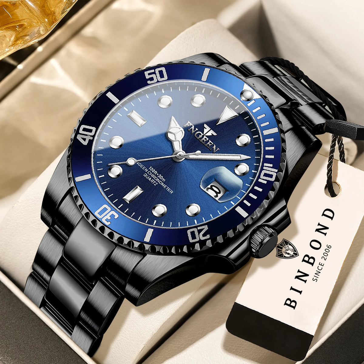 Relógio de pulso de quartzo FNGEEN Son Brand da BINBOND com bracelete em aço inoxidável para homem, luminoso e estanque, de luxo.