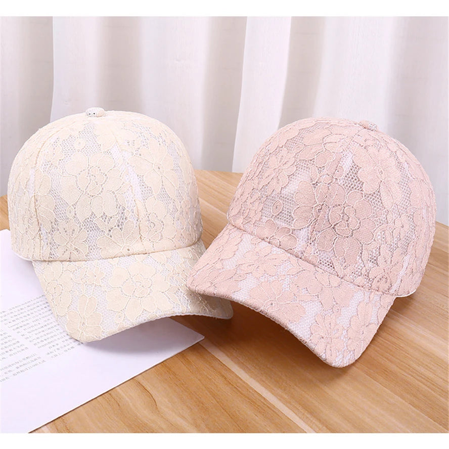 Baseballkappen für Damen im Prinzessinnen-Stil mit Spitzenstickerei und Blumenmuster aus Netzstoff für Frühling und Sommer – atmungsaktive Snapback-Kappen für junge Damen BQ091